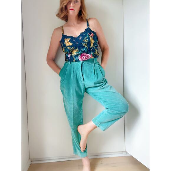 Vintage Women's Corduroy Trousers Seafoam Green Widewale High Rise Pleat SZ 28 - Picture 7 of 9